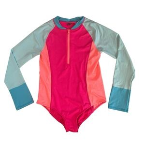 Lands' End Girls Size 12+ One Piece Swimsuit Pink Long Sleeve Zip Up Colorblock